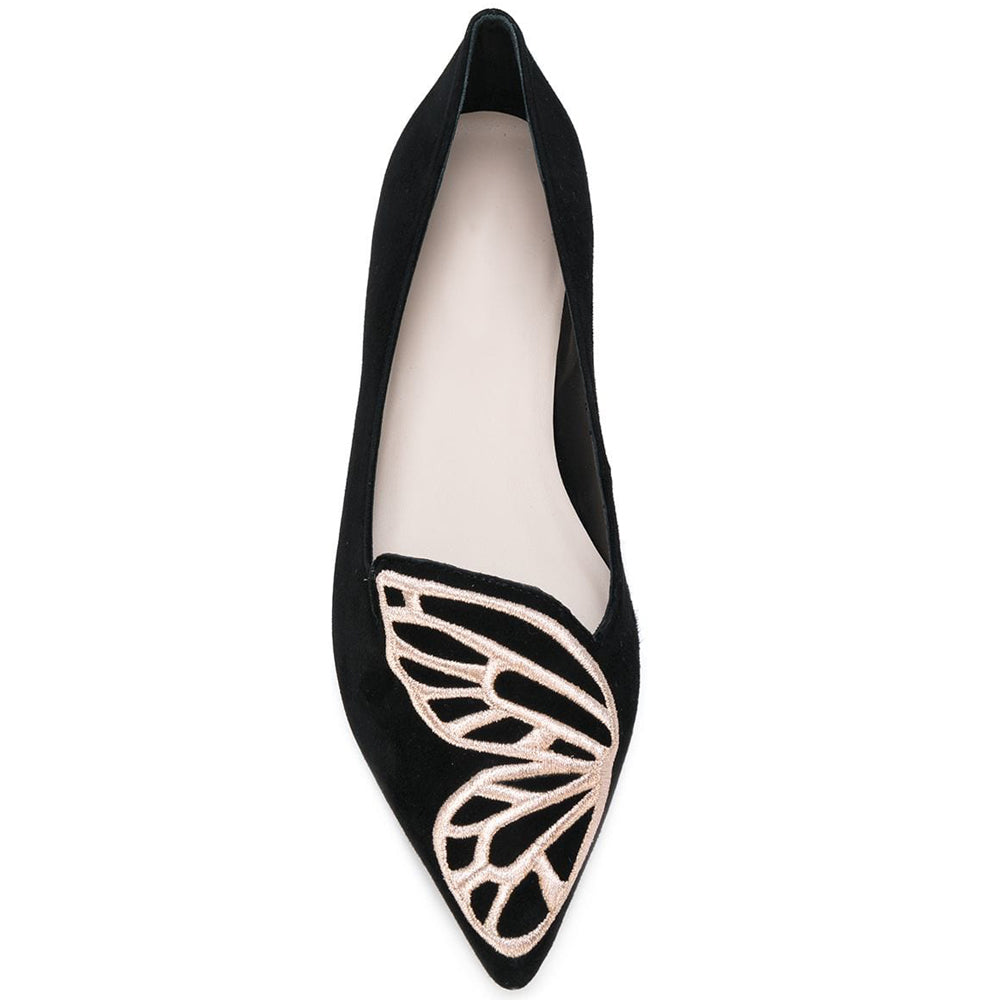 Black Vegan Suede Embroidery Butterfly Pointed Toe Flats