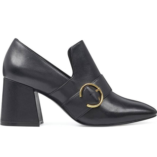 Black Slip On Square Toe Block Heel Women's Loafers with Buckle