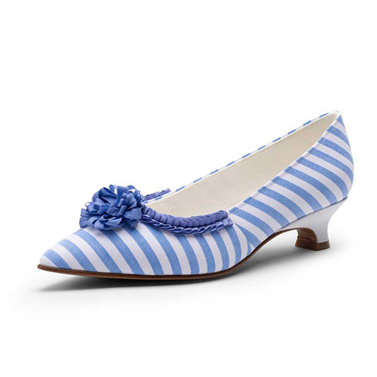 Blue & White Striped Pleated Trim Spool Heel Pumps Shoes with Flower