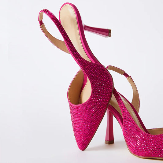 Fuchsia Pointed Kitten Heel Wedding Rhinestones Slingback Pumps