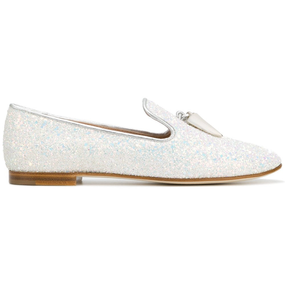 White Round Toe Comfortable Flats Glitter Loafers for Women