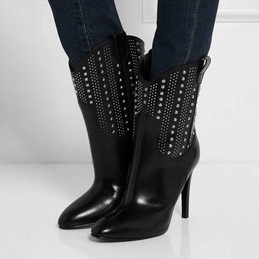 Women's Black Stiletto Heel Studded Western Ankle Boots by FSJ