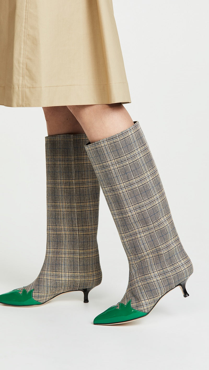 Grey Plaid Fabric Kitten Heel Green Pointy Toe Mid Calf Boots