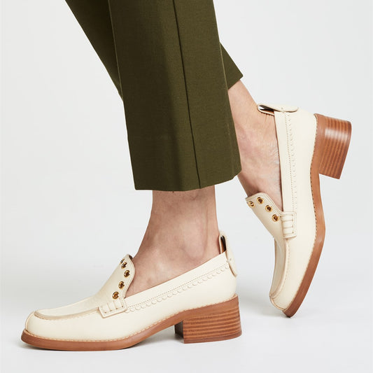 Beige Round Toe Hollow Out Block Heel Women's Loafers