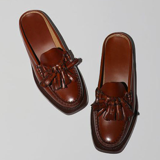 Brown Square Toe Vintage Shoes Block Heel Fringe Mule Loafers
