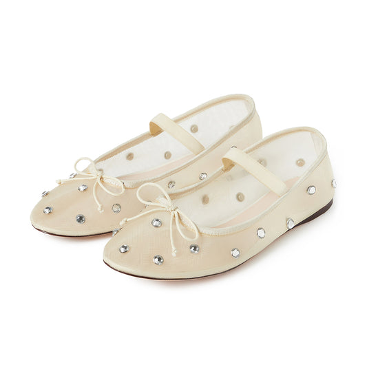 Beige Mesh Round Toe Rhinestone Ballet Flats with Bow Decor