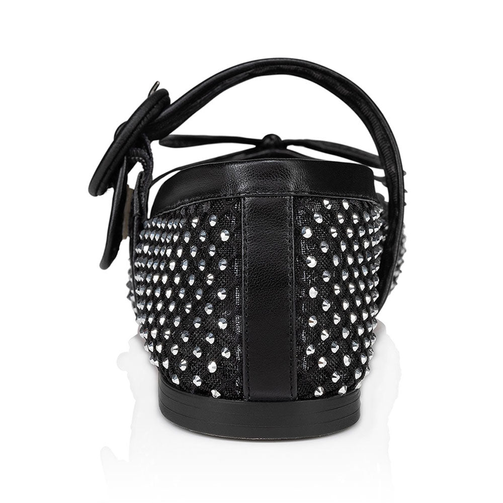 Black Mesh Square Toe Rhinestone Embellished Buckled Ballet Flats