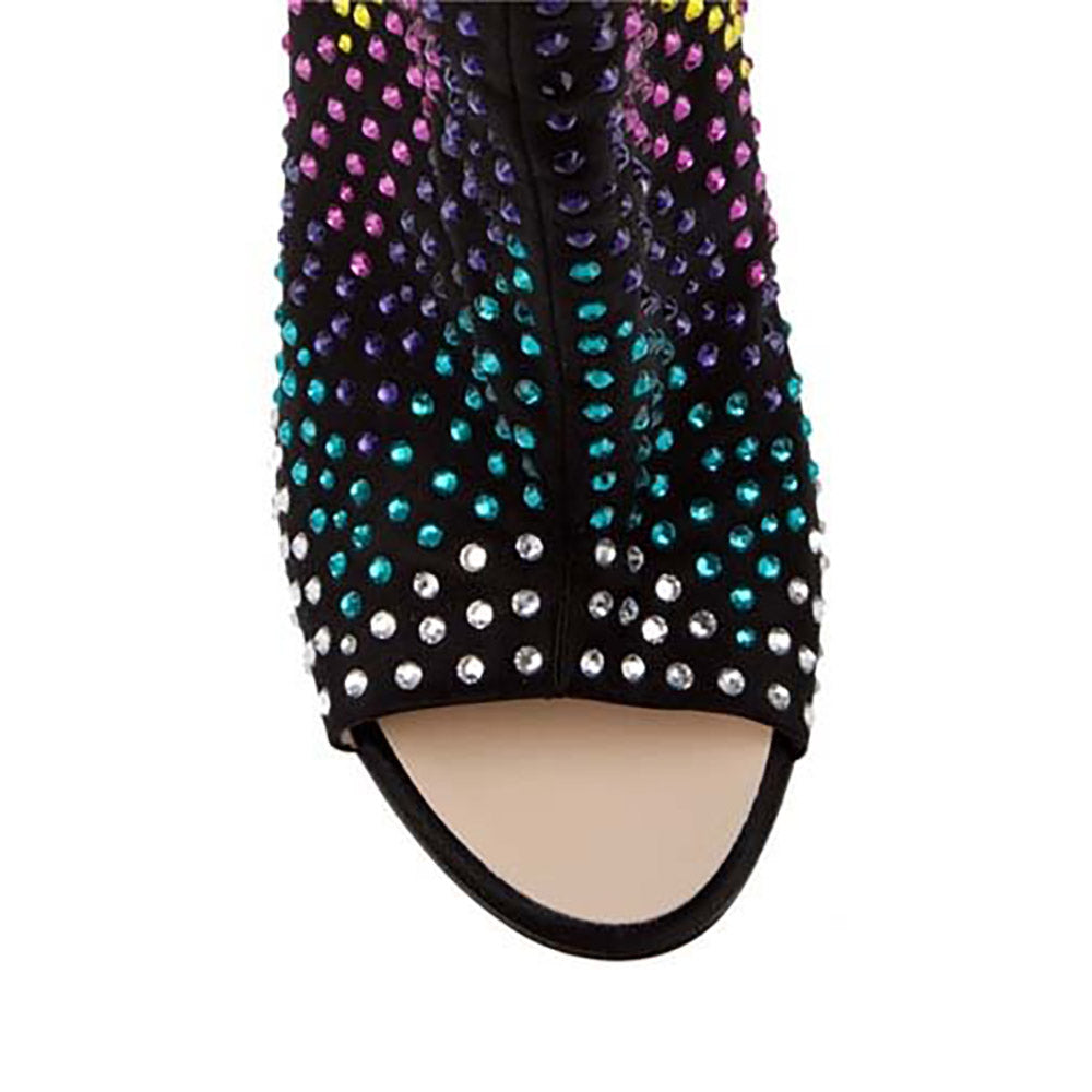 Black Heeled Booties Open Toe Cut Out Colorful Rhinestone Ankle Boots