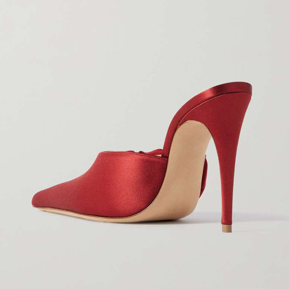 Women's Red Satin Pointed Toe Floral Embellished High Heel Mules