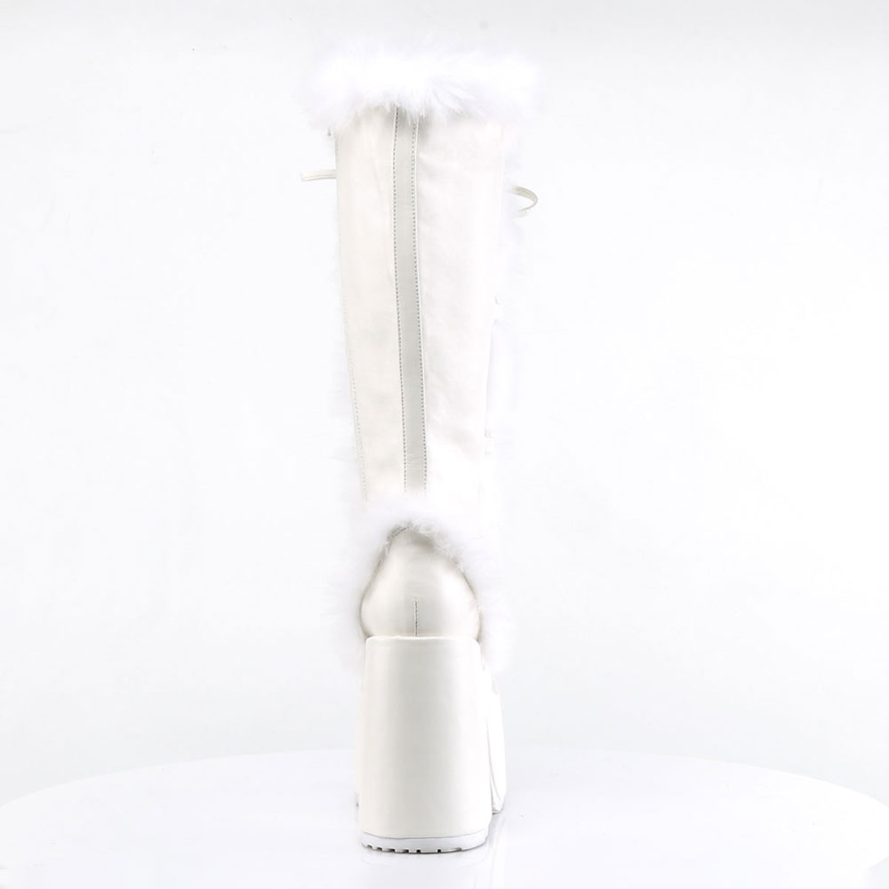 White Lace-Up Faux Fur Round Toe Block Heel Platform Knee High Boots