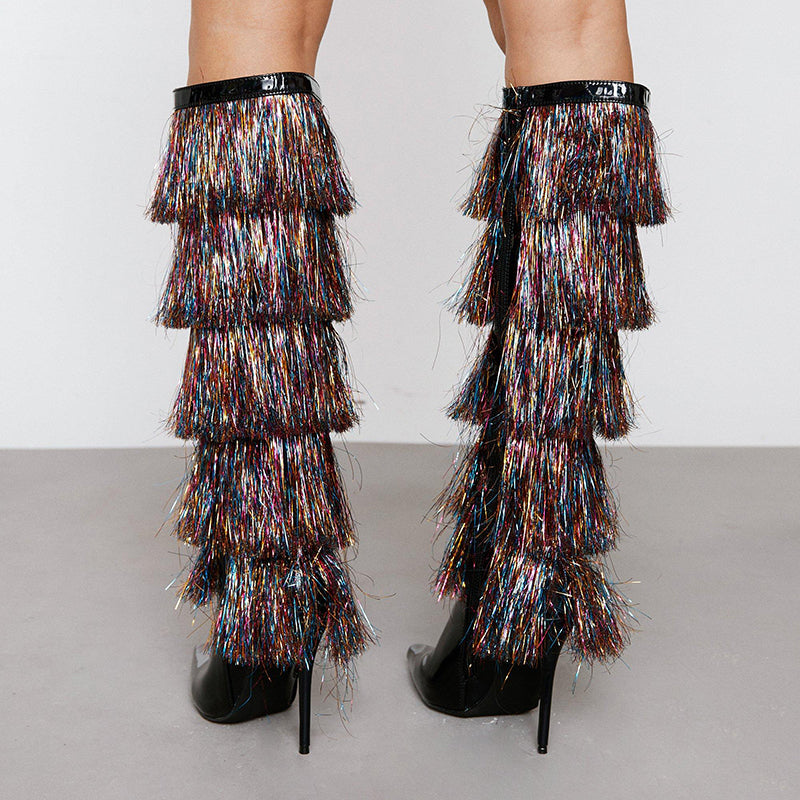 Black Patent Leather Multicolor Fringe Heeled Knee High Boots