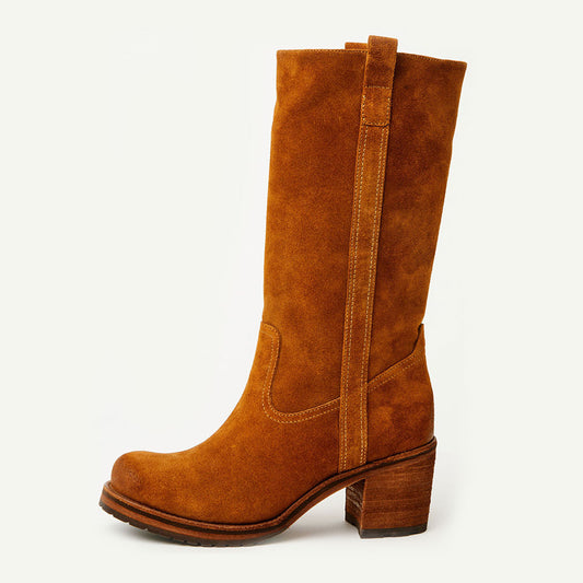 Brown Vegan Suede Round Toe Block Heel Fall Mid Calf Boots