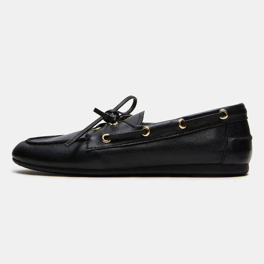 Vintage Black Faux Leather Round Toe Flat Lace Up Women's Loafers