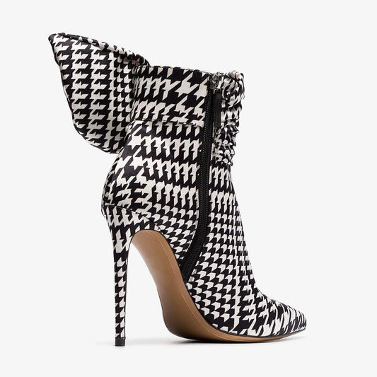 Black & White Rhinestone Buckle Pointy Toe Houndstooth Ankle Boots