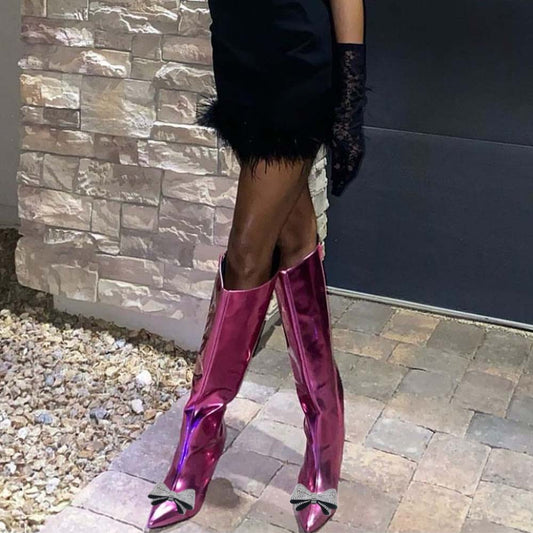 Metallic Fuchsia Stiletto Heel Knee High Boots with Rhinestone Bow