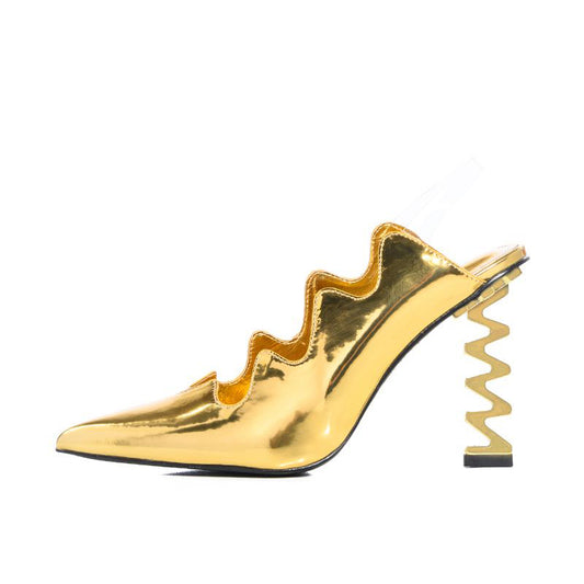 Gold Scalloped Metallic Heels Pointed Toe Slingback Pumps for Women