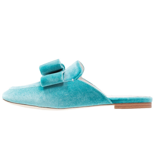 Turquoise Velvet Flats Square Toe Bow Mule Loafers for Women
