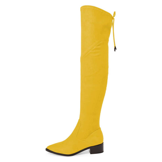 Women's Yellow Vegan Suede Chunky Heel Pointy Toe Thigh-High Boots