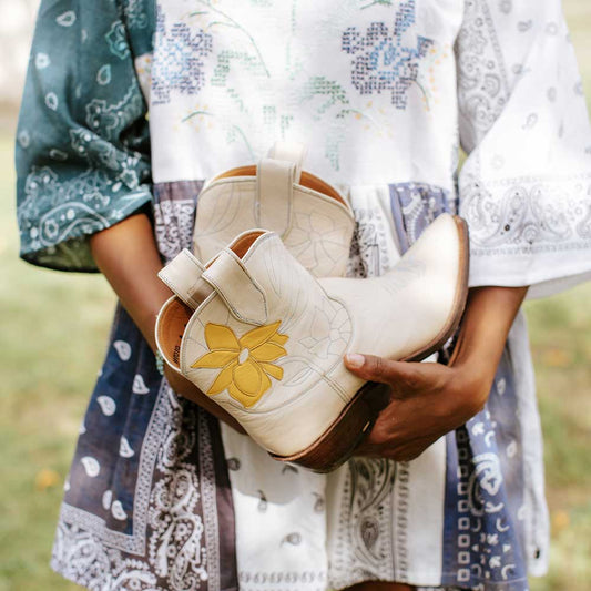 White Snip Toe Chunky Heel Yellow Floral Inlay Cowgirl Ankle Boots