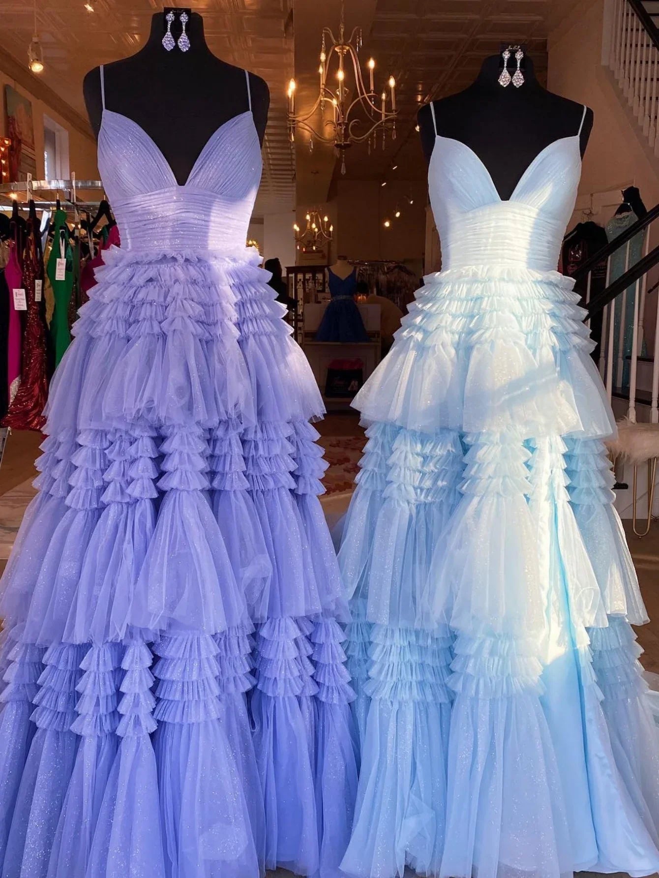 Spaghetti Straps V-Neck Layers Formal Party Prom Dresses