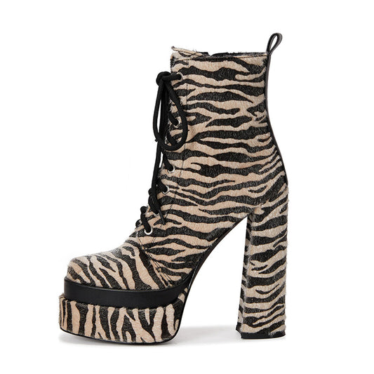 Zebra Print Square Toe Lace-Up Chunky Heel Zipper Platform Booties