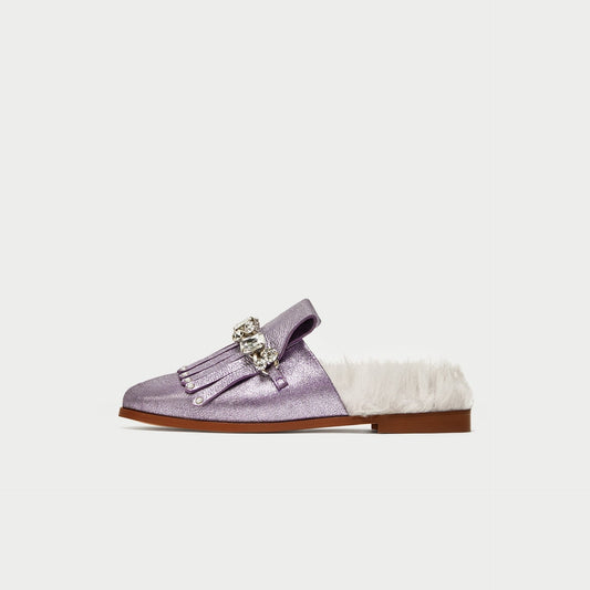 Violet Glitter Flats Fringe Crystal Furry Mule Loafers for Women
