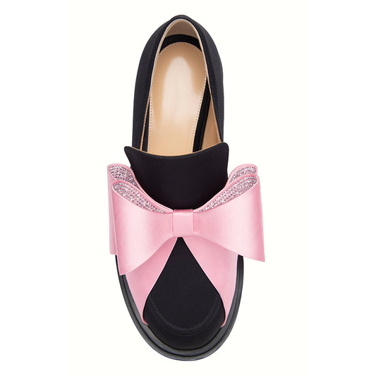 Black Satin Round Toe Pink Rhinestone Bow Platform Loafers for Women
