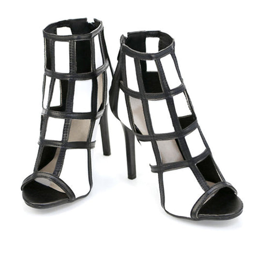 Black & White Plaid Peep Toe 3'' Stiletto Heel Cut-Out Ankle Boots