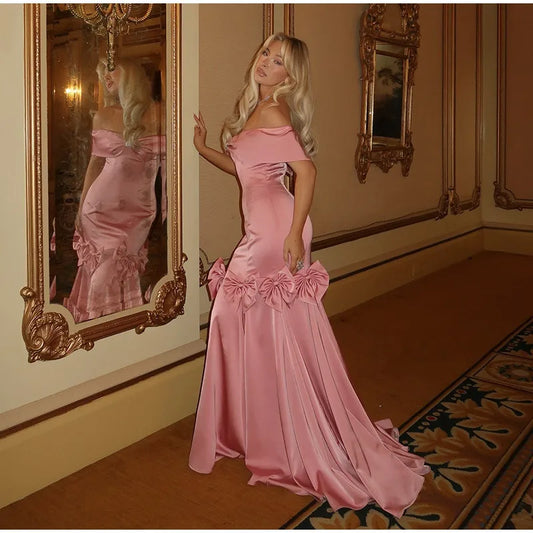 Elegant Off Shoulder Bowknot Maxi Dresses for Women, Pink Vintage Pleated Bodycon Long Evening Dress, Elegant Party Dresses for Women cg25950