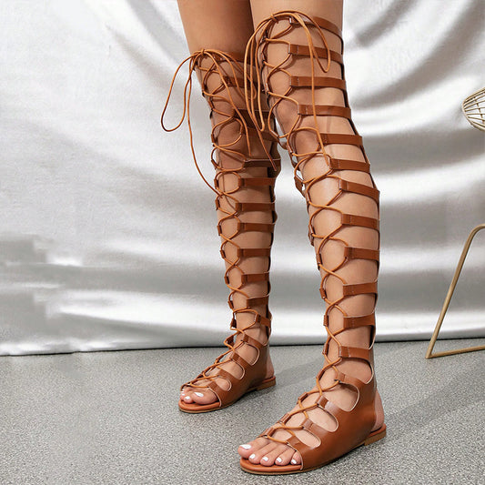 Brown Open Toe Lace-Up Thigh Flats Gladiator Sandals with Zip