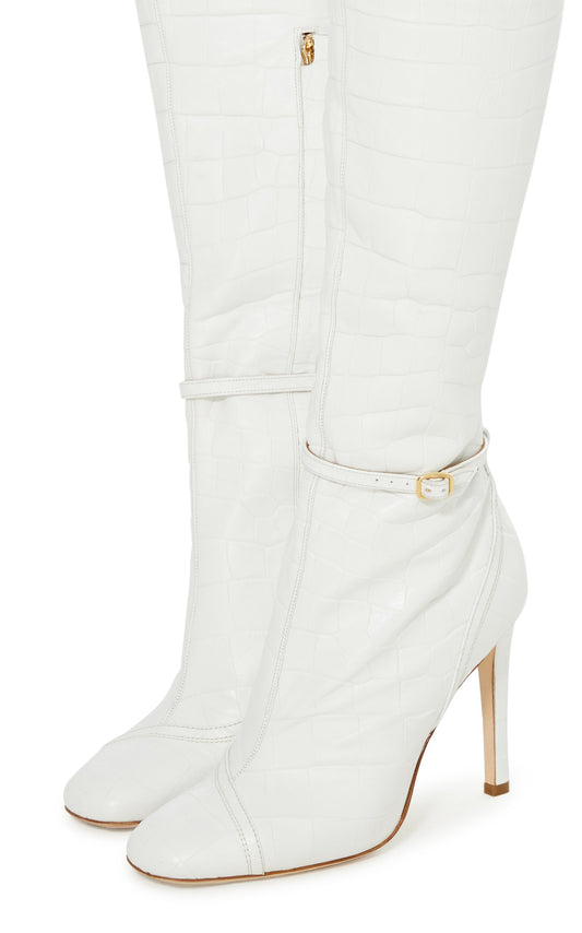 Women's White Croco Embossed Square Toe Knee High Boots with Buckle