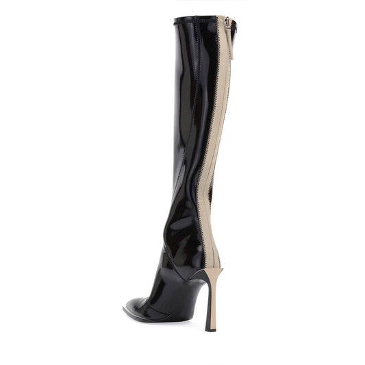 Black & Beige Patent Leather Pointed Toe Heeled Knee High Boots