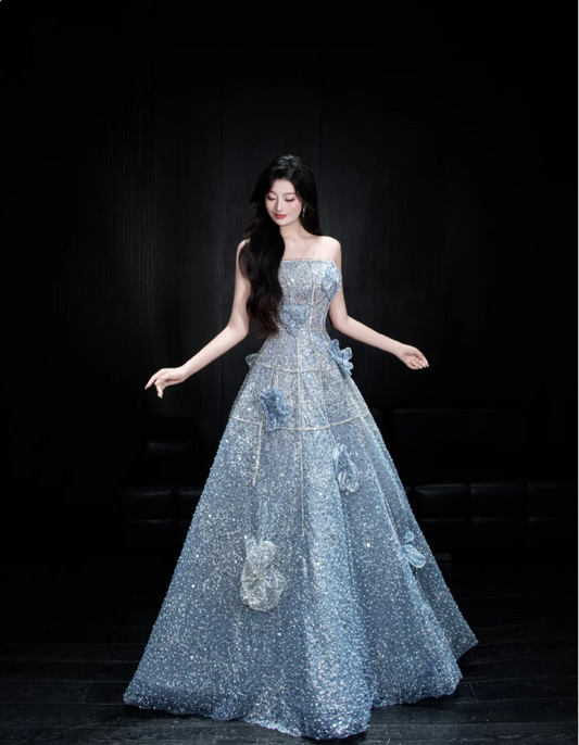 Elegant Blue A-line Strapless 3D Floral Sequined Tulle Long Prom Dress Evening Dress P4102