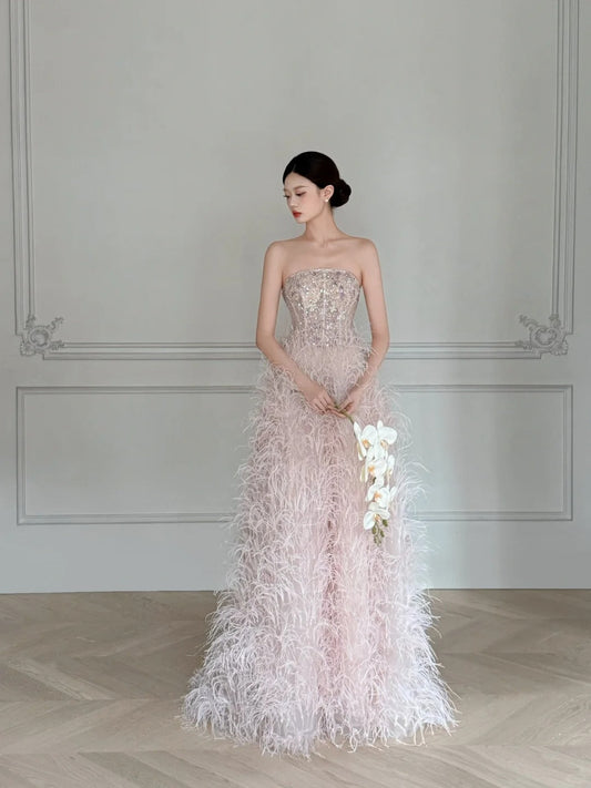 Elegant Light Pink A-line Strapless Feather Long Prom Dress Evening Dress P4104