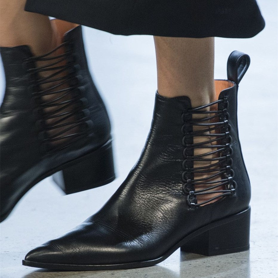 Black Pointed Toe Chunky Heel Side Lace Up Ankle Boots