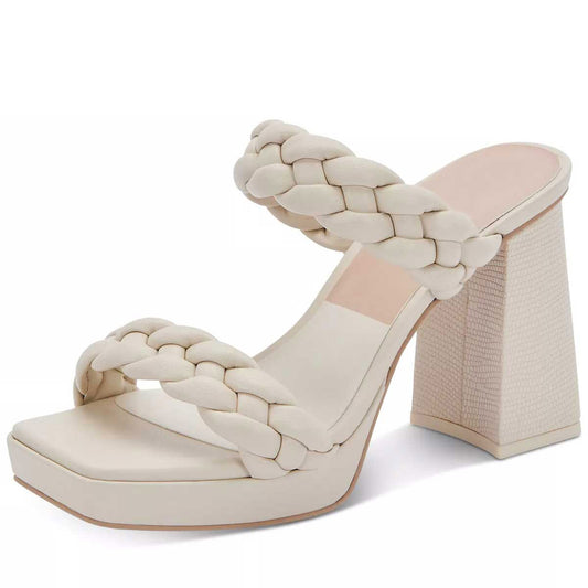 Beige Braided Chunky Heels Square Toe Platform Shoes Vintage Mules