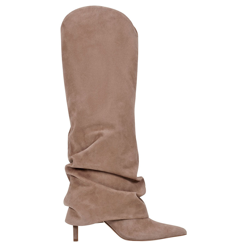 Taupe Pointed Toe Stiletto Heel Slouch Fold-Over Knee High Boots