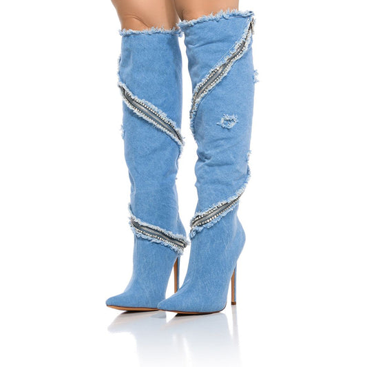 Denim Pointed Toe Stiletto Heel Zipper Wrapped Knee-High Boots
