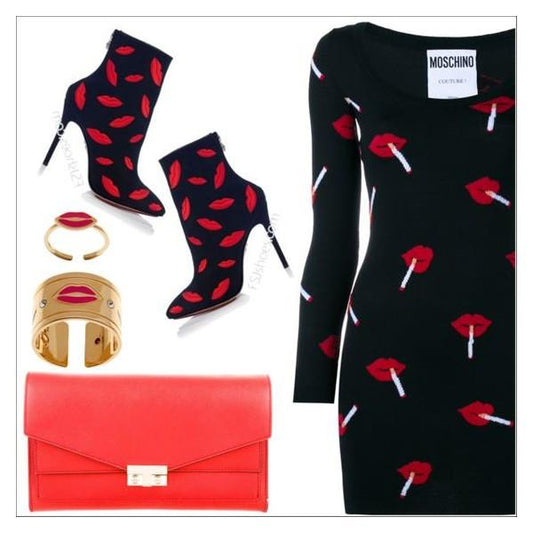 Black Ankle Booties Suede Lips Embroidered Stiletto Boots for Women