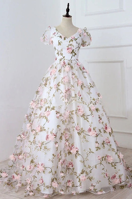 Gorgeous A-line Short Sleeve Floral Long Prom Dress,WP268