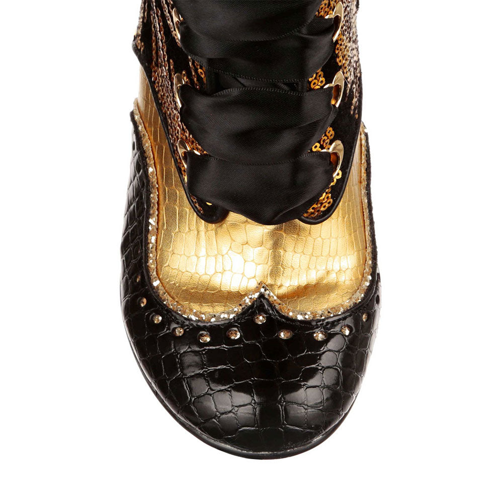 Black and Gold Sequin Round Toe Embossed Lace-Up Mid Calf Boots