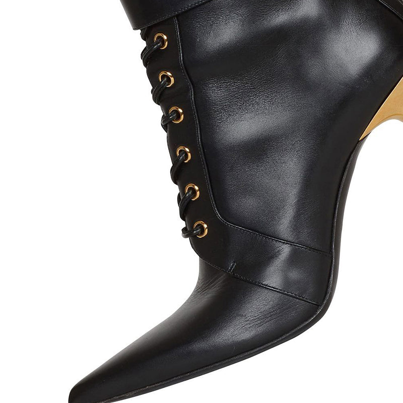 Black Faux Leather Stiletto Heel Lace Up Buckle Pointy Toe Ankle Boots