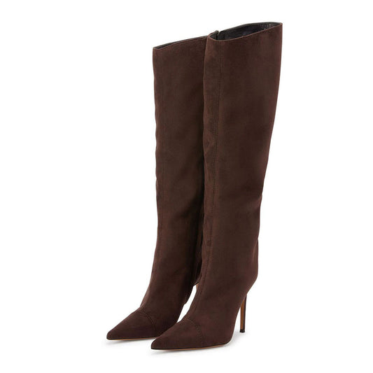 Brown Pointed Toe Stiletto Heel Knee High Boots with Side Zipper
