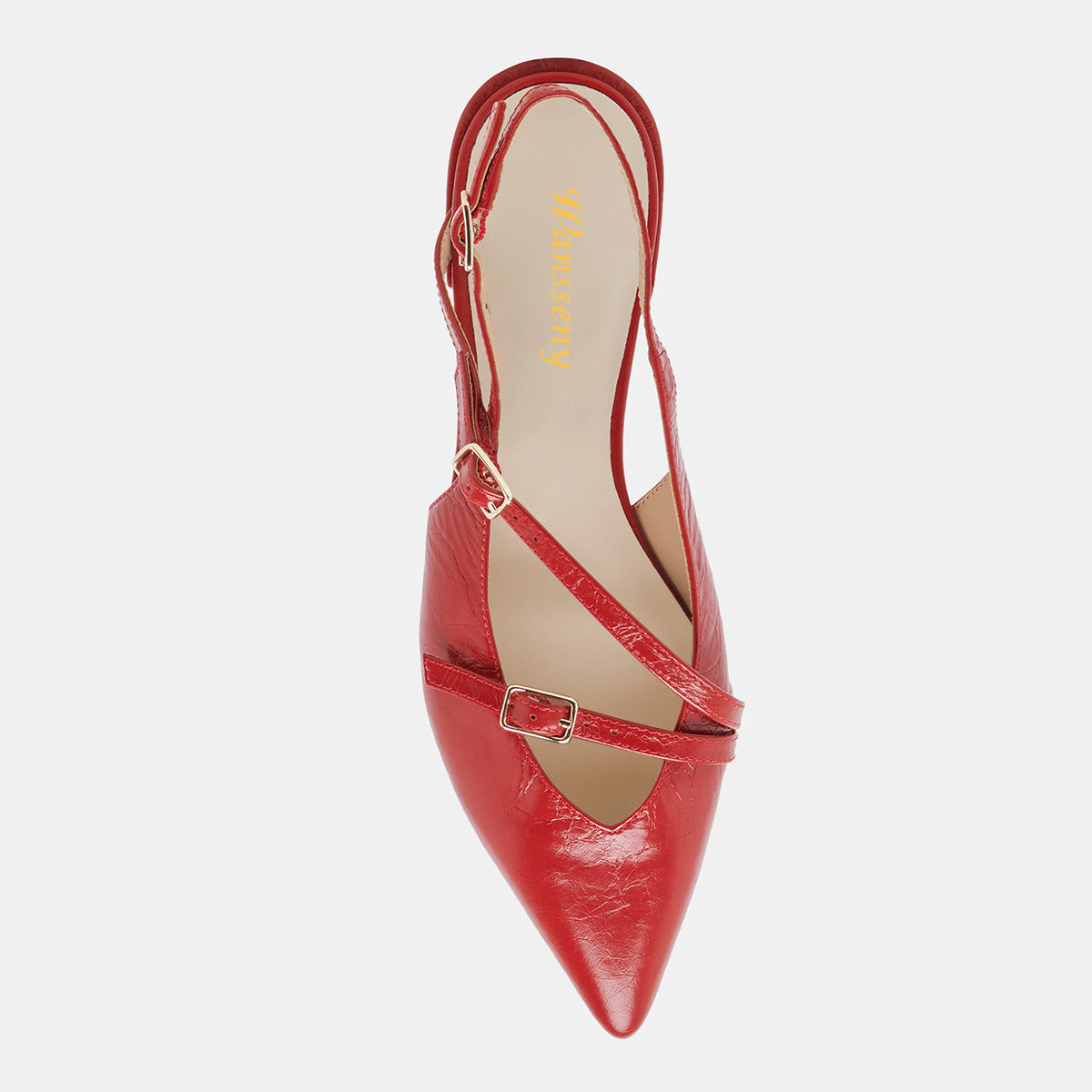 Red Vegan Leather Buckle Strappy Pointed Toe Flats with Slingback