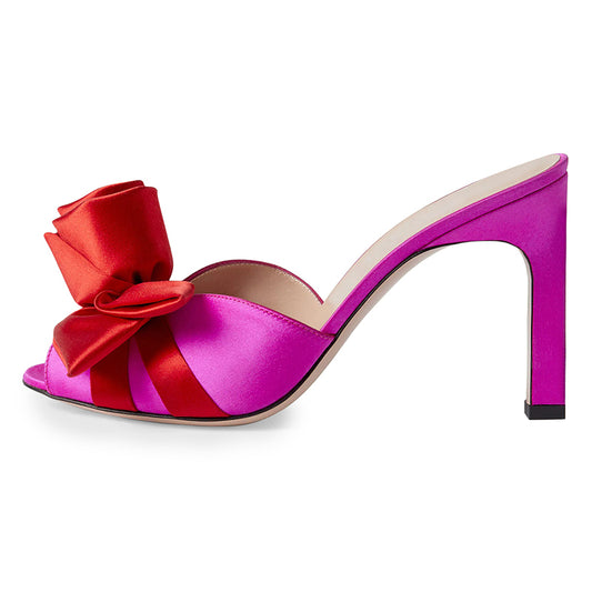 Women's Rose Style Peep Toe Satin Mule Heels in Fuchsia