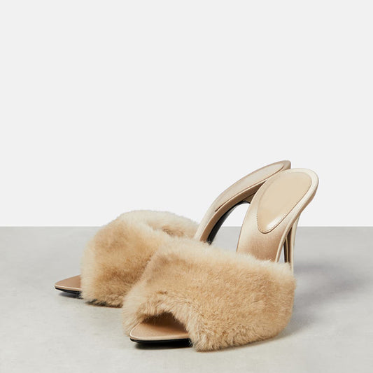 Beige Satin Peep Toe Stiletto Party Shoes Faux Fur Band Mule Heels