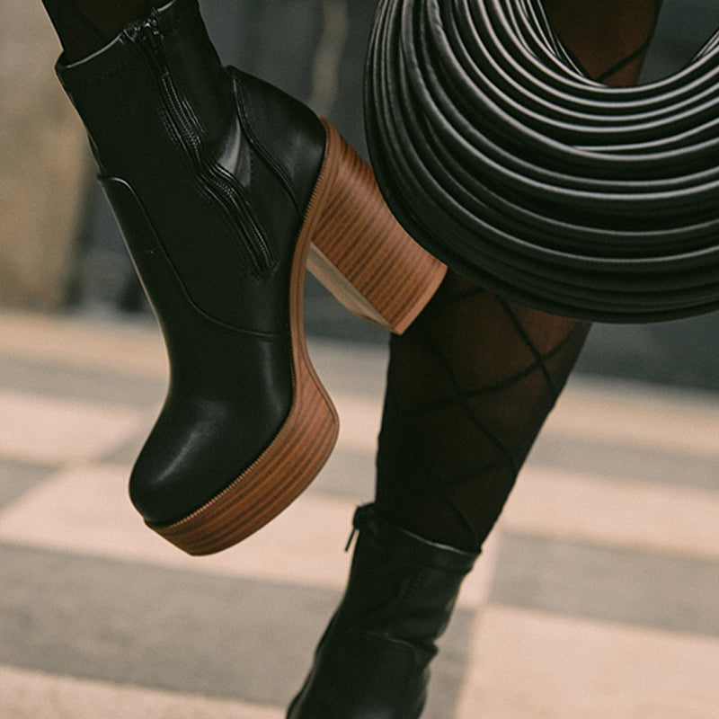 Black Chunky Heel Platform Shoes Women's Vintage Zipper Ankle Boots