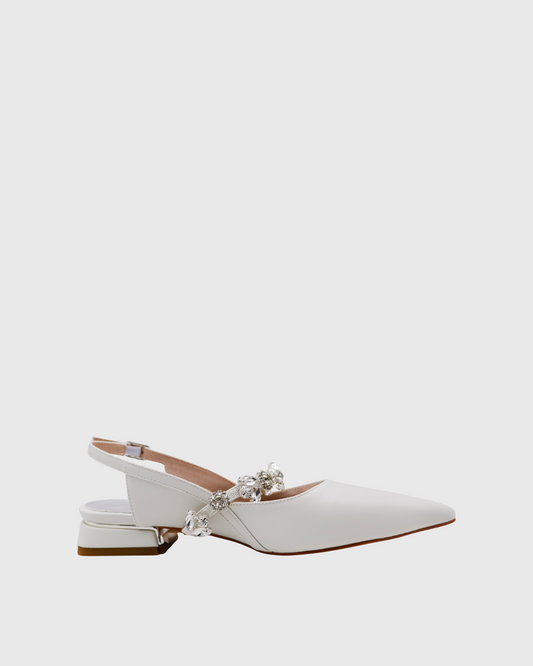 Nerina Rhinestone Strap Leather Flats In White