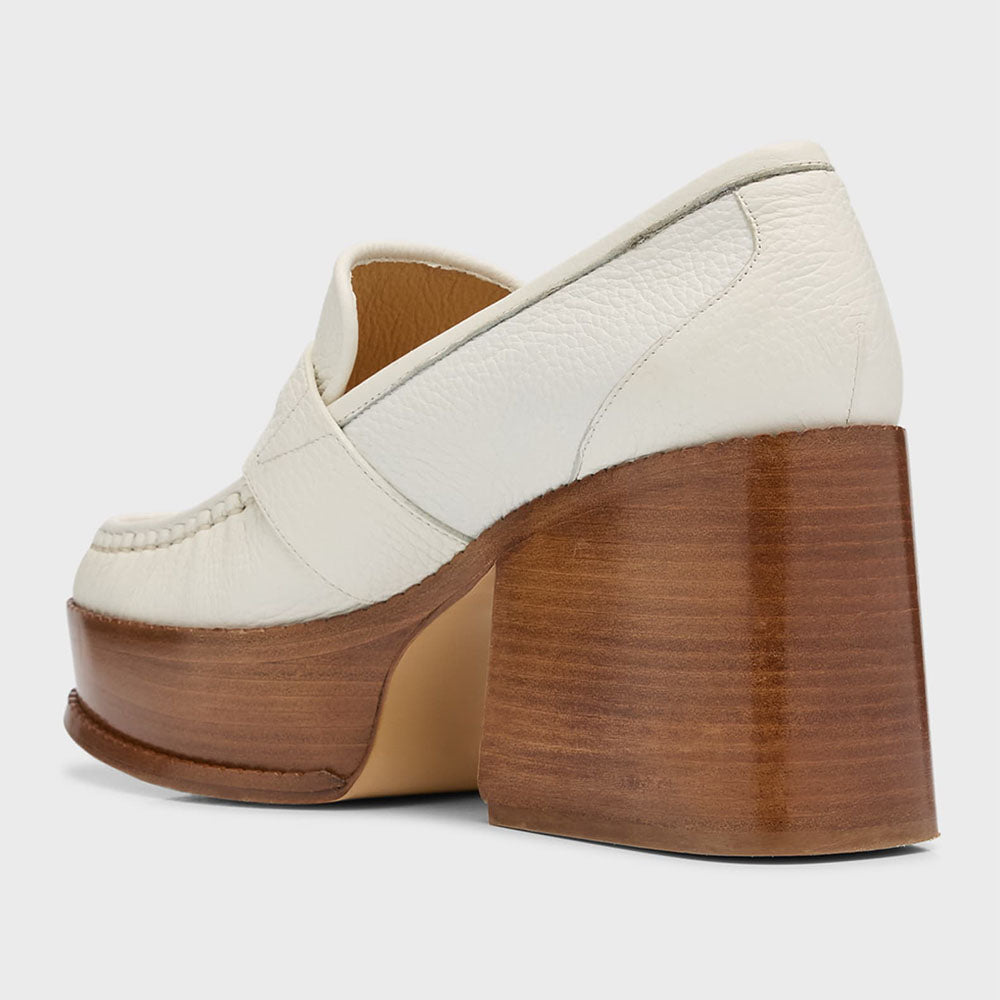 Beige Round Toe Chunky Heel Platform Penny Loafers for Women