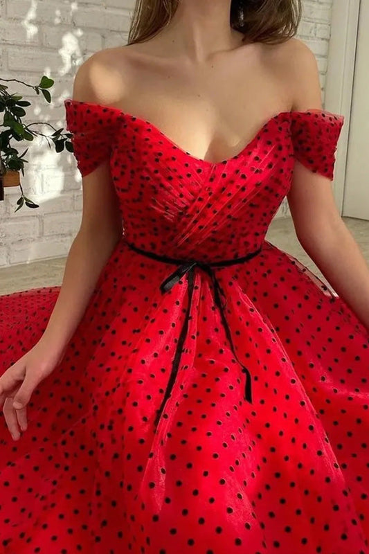 Red Tulle Off The Shoulder Tea Length Prom Dress Homecoming Dress,WP423